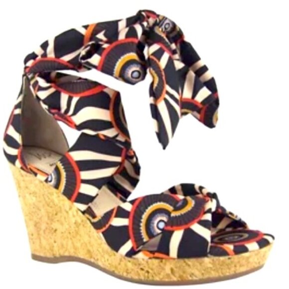 Wrap Around Lace Up Aztec Print Black Colorful Cork Wedges Sandals 6.5 - Picture 1 of 2